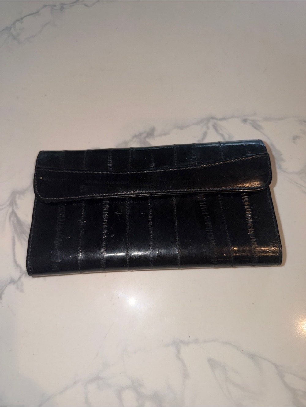 Vtg Black Eel Skin Trifold Snap Closure Wallet/Clutch